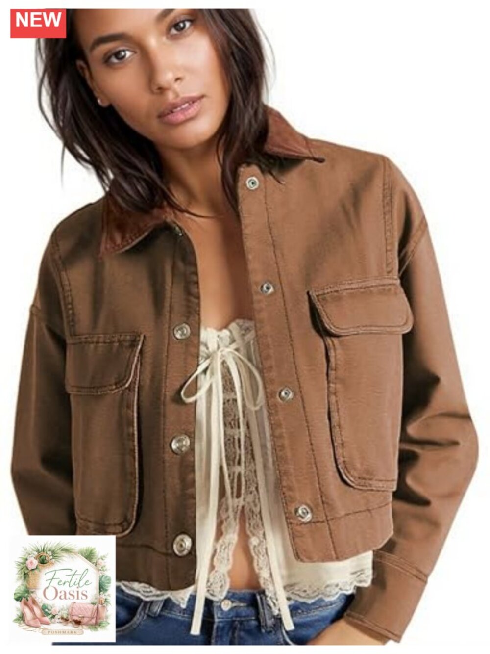 Women's Cropped Barn Jacket Cotton Canvas Coat Button Front